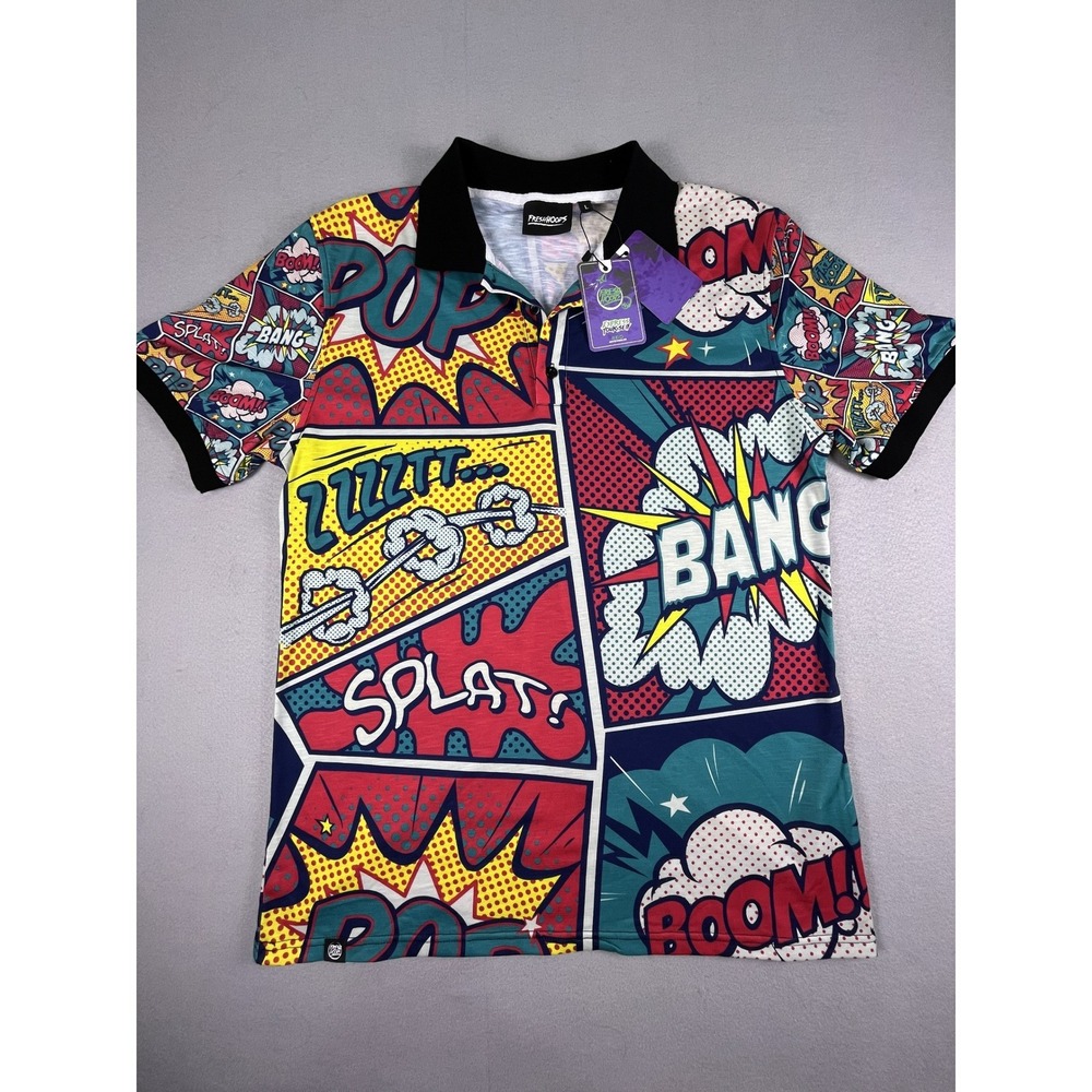 FreshHoods Polo Shirt Mens L Multi Comic Book Pop Art All Over Print Graphic NWT